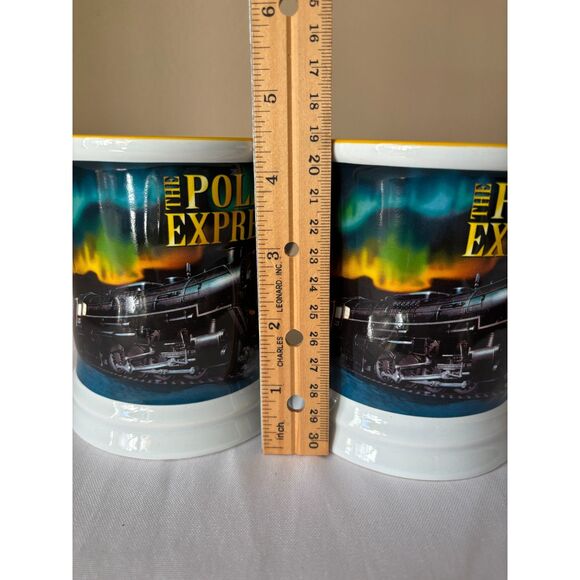 2 Polar Express Mugs with Embossed Train Yellow Stripe Rim; Northern Lights - Picture 5 of 9